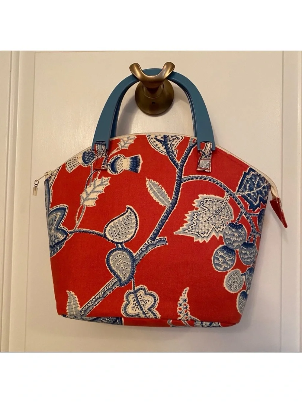 CHARLOTTE HORNER BAG SATCHEL RED BLUE FABRIC USA ARTISAN 2 HANDLE ZIP TOP